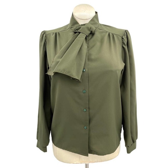 Vintage 80s Olive Green Button Up Blouse Long Sleeve Jabot Donnkenny Size M L - Picture 1 of 8